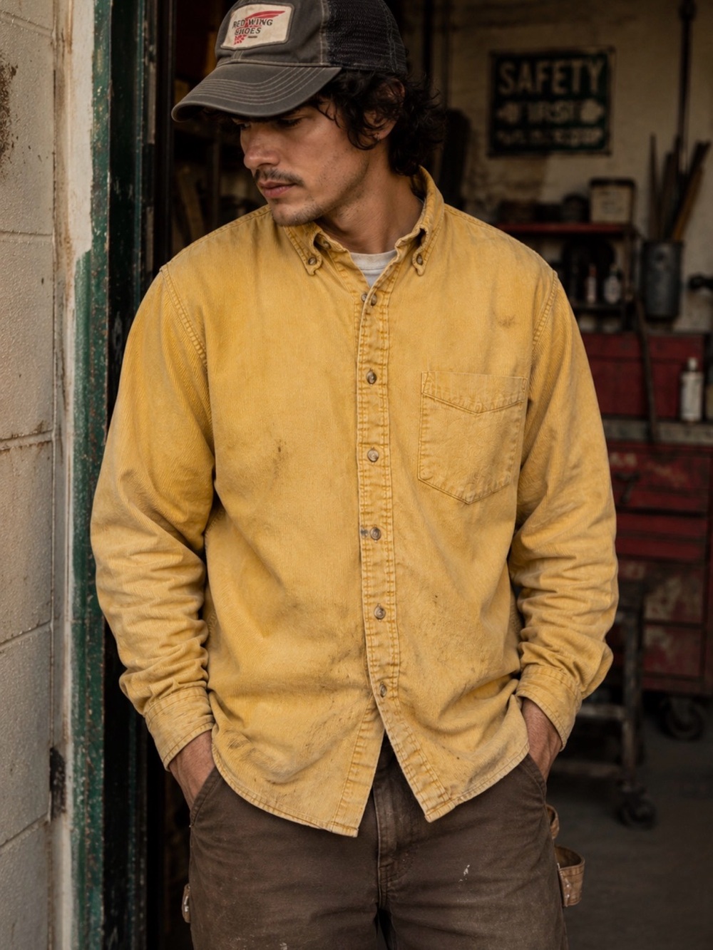 Vintage Old Rye Denim Mustard Corduroy Work Shirt L Distressed Patina Workwear